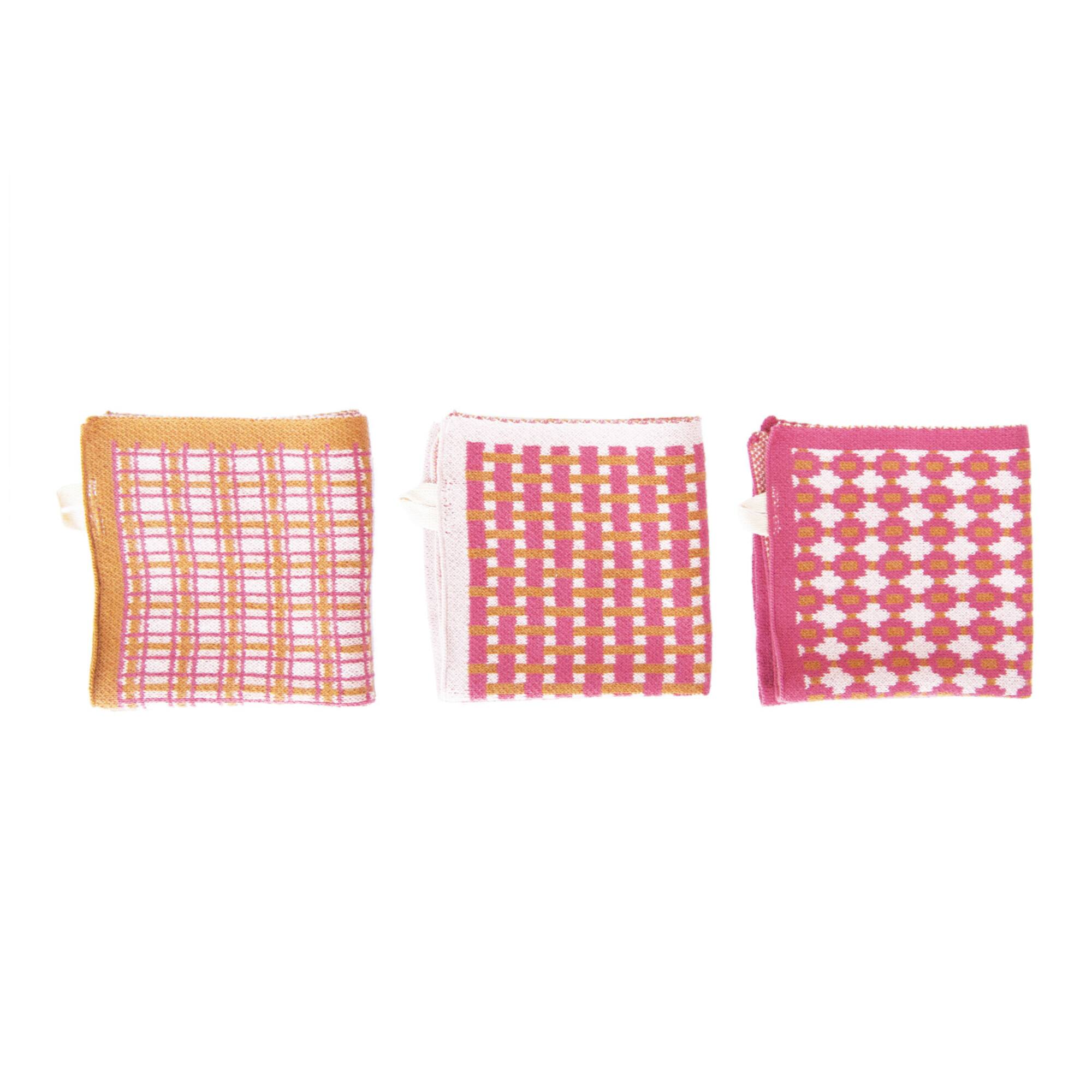 Hello Honey® Pink, Peach & Cream, Mixed Square Print Cotton Knit Dish Towel Set